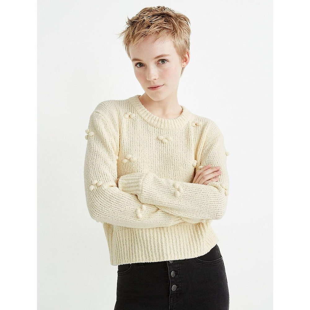 Madewell Size Small Cream Dotted Bobble Pullover Sweater Crewneck Cotton Blend